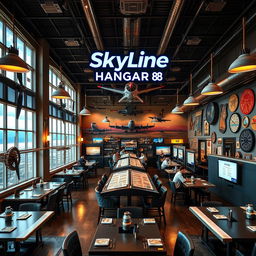 A themed restaurant called 'Skyline Hangar 88', designed to resemble an airplane hangar with elements of aviation decor