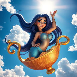 A sexy 3D toon genie woman with long flowing hair and sparkly skin, striking a playful pose as she is stuck inside her ornate, magical lamp