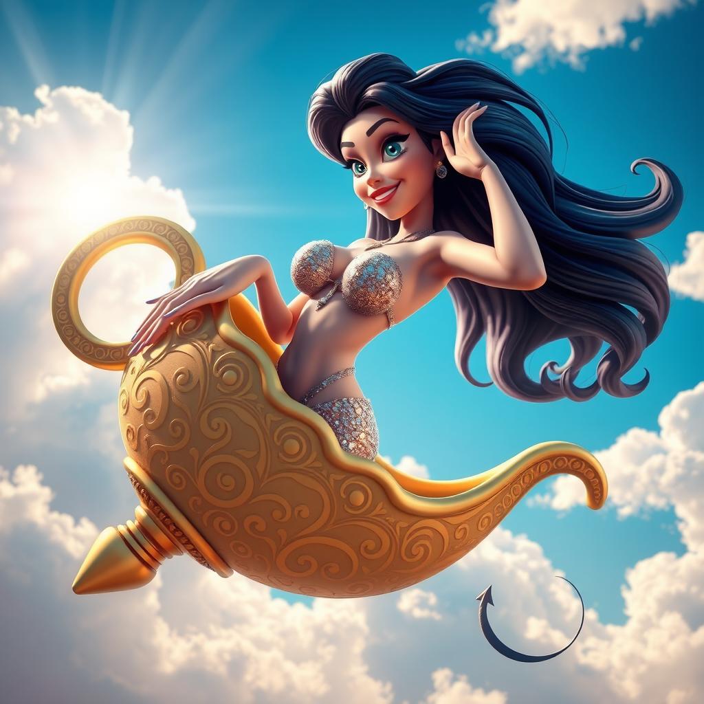 A sexy 3D toon genie woman with long flowing hair and sparkly skin, striking a playful pose as she is stuck inside her ornate, magical lamp