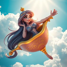A sexy 3D toon genie woman with long flowing hair and sparkly skin, striking a playful pose as she is stuck inside her ornate, magical lamp