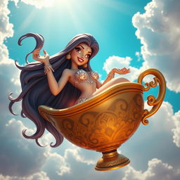 A sexy 3D toon genie woman with long flowing hair and sparkly skin, striking a playful pose as she is stuck inside her ornate, magical lamp