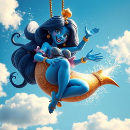 A sexy 3D toon genie woman with vibrant blue skin and a playful yet scared expression, caught in a swirling cloud of magic as she tumbles from the sky inside a beautifully ornate golden lamp