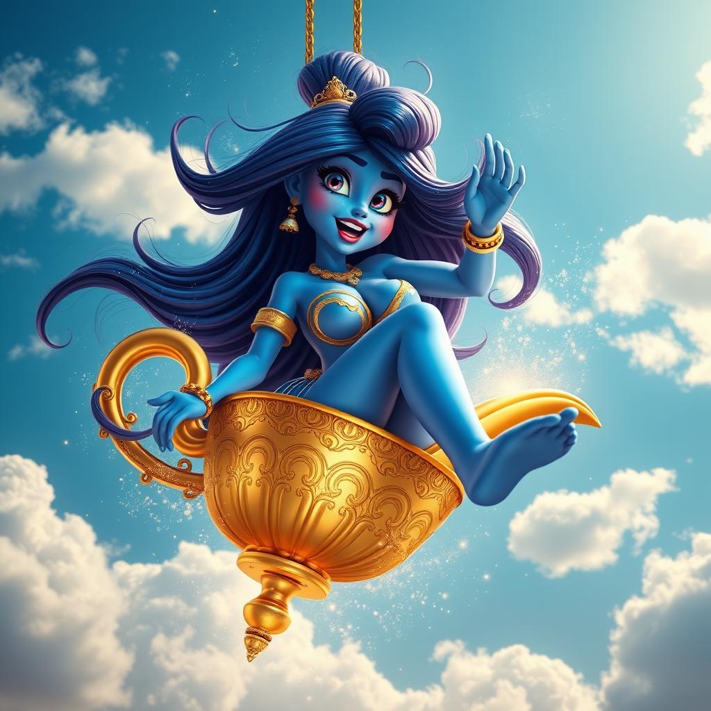 A sexy 3D toon genie woman with vibrant blue skin and a playful yet scared expression, caught in a swirling cloud of magic as she tumbles from the sky inside a beautifully ornate golden lamp