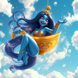A sexy 3D toon genie woman with vibrant blue skin and a playful yet scared expression, caught in a swirling cloud of magic as she tumbles from the sky inside a beautifully ornate golden lamp