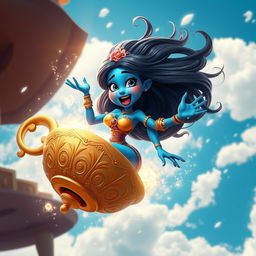 A sexy 3D toon genie woman with vibrant blue skin and a playful yet scared expression, caught in a swirling cloud of magic as she tumbles from the sky inside a beautifully ornate golden lamp
