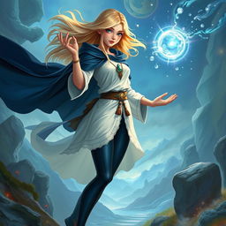 A fantasy art depiction of a teenage human female with flowing blonde hair, wearing an elegant white tunic