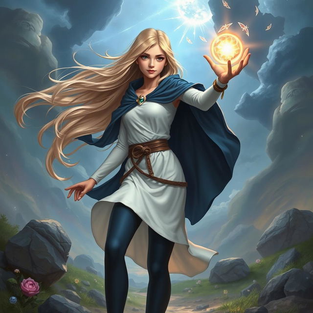 A fantasy art depiction of a teenage human female with flowing blonde hair, wearing an elegant white tunic