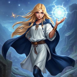 A fantasy art depiction of a teenage human female with flowing blonde hair, wearing an elegant white tunic