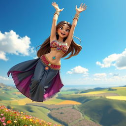 A sexy 3D toon woman in a dazzling belly dancer outfit, featuring intricate beadwork and flowing fabrics, gracefully falling from a bright blue sky