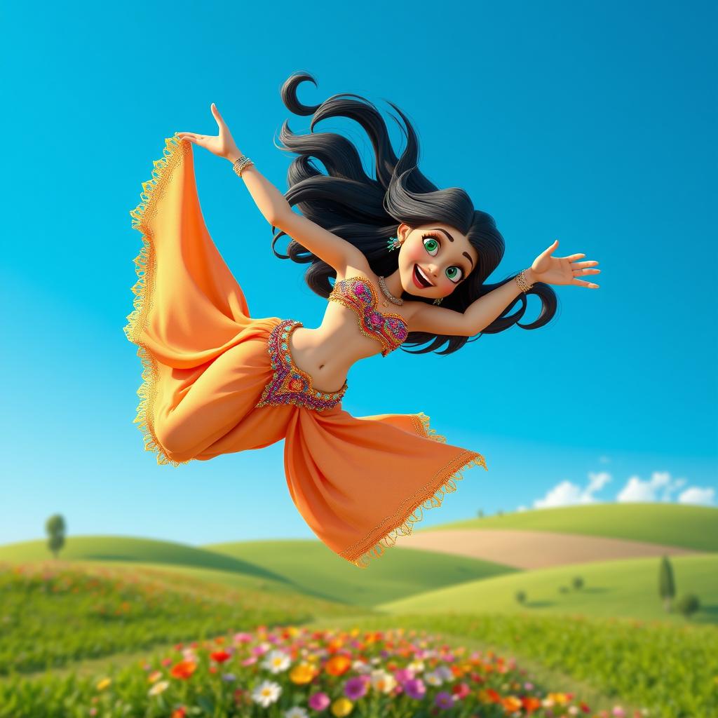 A sexy 3D toon woman in a dazzling belly dancer outfit, featuring intricate beadwork and flowing fabrics, gracefully falling from a bright blue sky