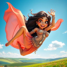 A sexy 3D toon woman in a dazzling belly dancer outfit, featuring intricate beadwork and flowing fabrics, gracefully falling from a bright blue sky