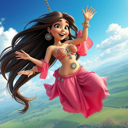 A sexy 3D toon woman in a dazzling belly dancer outfit, featuring intricate beadwork and flowing fabrics, gracefully falling from a bright blue sky