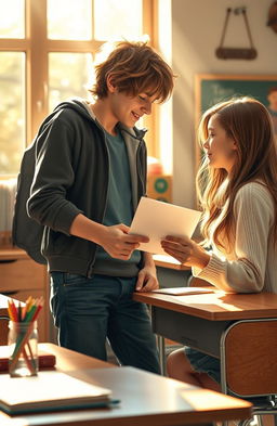 A romantic scene depicting a high school love letter being shared between two teenagers