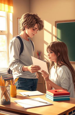 A romantic scene depicting a high school love letter being shared between two teenagers