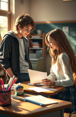 A romantic scene depicting a high school love letter being shared between two teenagers