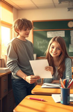 A romantic scene depicting a high school love letter being shared between two teenagers