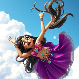 A sexy 3D toon woman in an elaborate belly dancer outfit, featuring sparkling jewels and vibrant colors, is gracefully falling from the sky