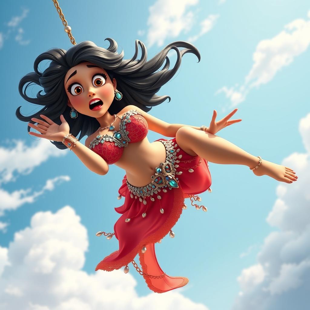 A sexy 3D toon woman in an elaborate belly dancer outfit, featuring sparkling jewels and vibrant colors, is gracefully falling from the sky