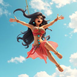 A sexy 3D toon woman in an elaborate belly dancer outfit, featuring sparkling jewels and vibrant colors, is gracefully falling from the sky