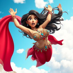A sexy 3D toon woman in an elaborate belly dancer outfit, featuring sparkling jewels and vibrant colors, is gracefully falling from the sky