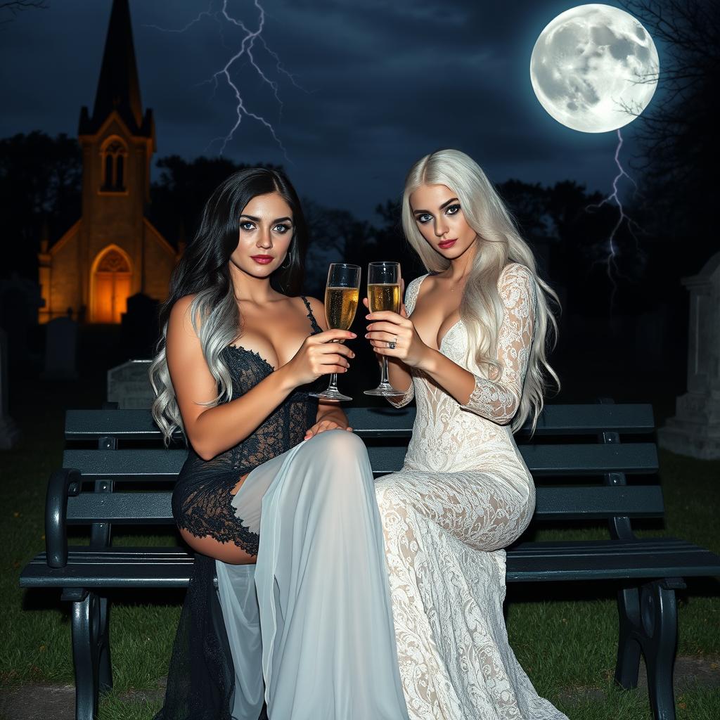 A stunning curvy 18-year-old girl with very beautiful white hair, wearing a tight low-cut long black lace gown, dark brooding eyes, frosted blue eye shadow, thick black eyeliner, mascara, and long black eyelashes, alongside another attractive 18-year-old girl with pale skin and black hair