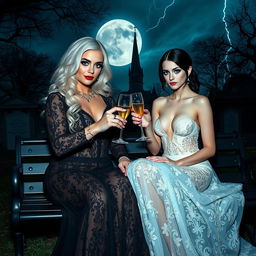 A stunning curvy 18-year-old girl with very beautiful white hair, wearing a tight low-cut long black lace gown, dark brooding eyes, frosted blue eye shadow, thick black eyeliner, mascara, and long black eyelashes, alongside another attractive 18-year-old girl with pale skin and black hair