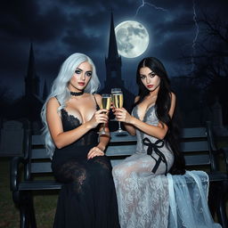 A stunning curvy 18-year-old girl with very beautiful white hair, wearing a tight low-cut long black lace gown, dark brooding eyes, frosted blue eye shadow, thick black eyeliner, mascara, and long black eyelashes, alongside another attractive 18-year-old girl with pale skin and black hair