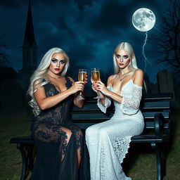 A stunning curvy 18-year-old girl with very beautiful white hair, wearing a tight low-cut long black lace gown, dark brooding eyes, frosted blue eye shadow, thick black eyeliner, mascara, and long black eyelashes, alongside another attractive 18-year-old girl with pale skin and black hair