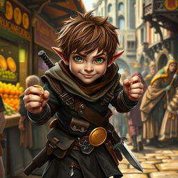 A clever and agile halfling thief sneaking through a bustling medieval marketplace, with a mischievous smirk on his face