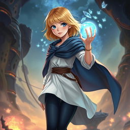 A fantasy art illustration of a teenage human female with shoulder-length blonde hair, embodying a sense of wonder and adventure