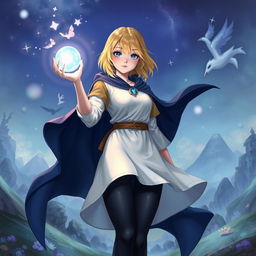 A fantasy art illustration of a teenage human female with shoulder-length blonde hair, embodying a sense of wonder and adventure