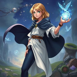 A fantasy art illustration of a teenage human female with shoulder-length blonde hair, embodying a sense of wonder and adventure