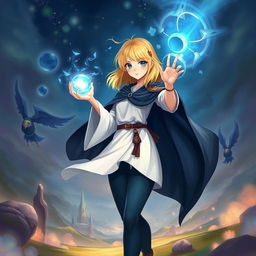 A fantasy art illustration of a teenage human female with shoulder-length blonde hair, embodying a sense of wonder and adventure