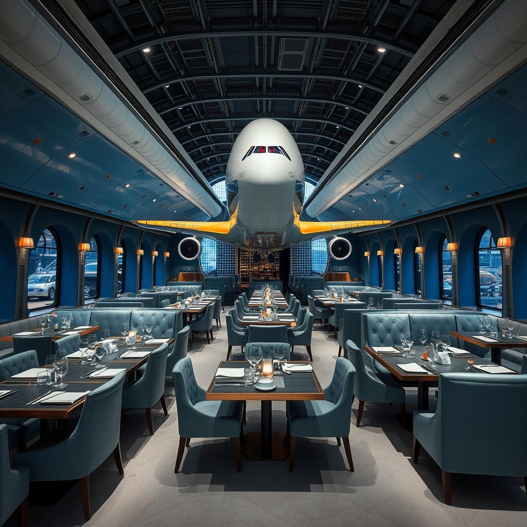 Um restaurante temático sofisticado e luxuoso chamado ‘Skyline Hangar 88’, com um impressionante modelo de Boeing A380 como peça central na decoração