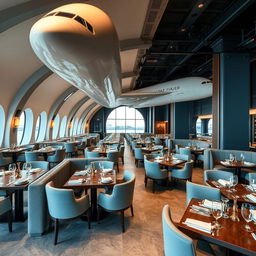 Um restaurante temático sofisticado e luxuoso chamado ‘Skyline Hangar 88’, com um impressionante modelo de Boeing A380 como peça central na decoração