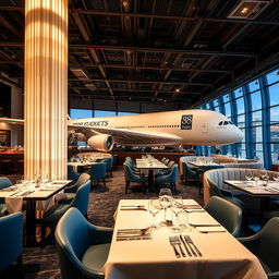 Um restaurante temático sofisticado e luxuoso chamado ‘Skyline Hangar 88’, com um impressionante modelo de Boeing A380 como peça central na decoração