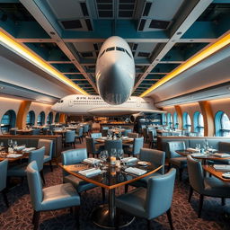 Um restaurante temático sofisticado e luxuoso chamado ‘Skyline Hangar 88’, com um impressionante modelo de Boeing A380 como peça central na decoração