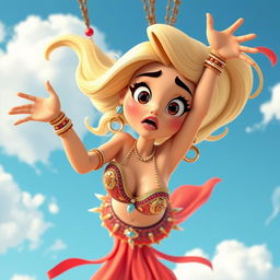 A sexy blonde 3D cartoon woman wearing a vibrant and intricate belly dancer outfit, with beads and flowing fabrics, falling from the sky