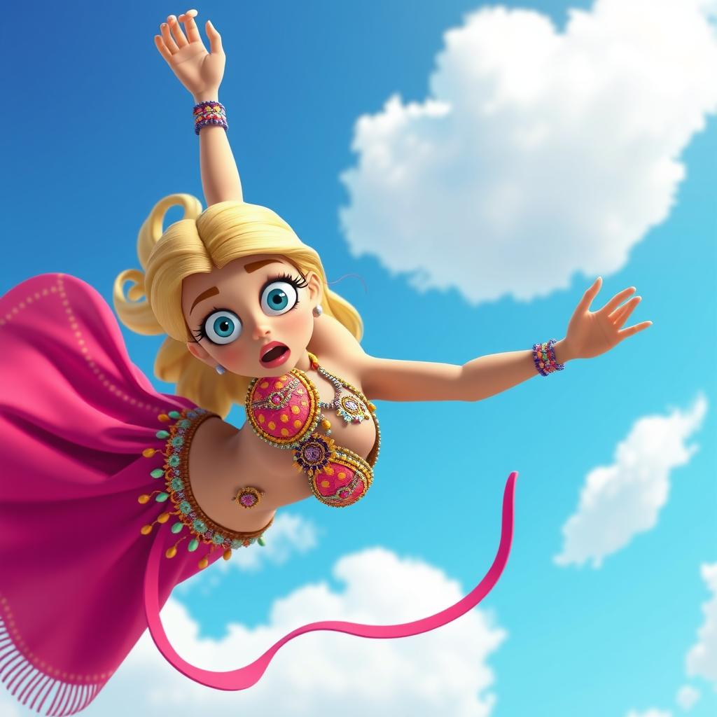 A sexy blonde 3D cartoon woman wearing a vibrant and intricate belly dancer outfit, with beads and flowing fabrics, falling from the sky