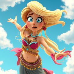A sexy blonde 3D cartoon woman wearing a vibrant and intricate belly dancer outfit, with beads and flowing fabrics, falling from the sky