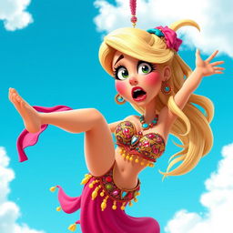 A sexy blonde 3D cartoon woman wearing a vibrant and intricate belly dancer outfit, with beads and flowing fabrics, falling from the sky