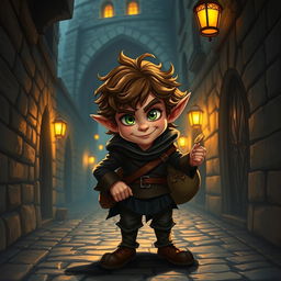 A vivid illustration of a halfling thief, standing in a dramatic pose in a shadowy alley