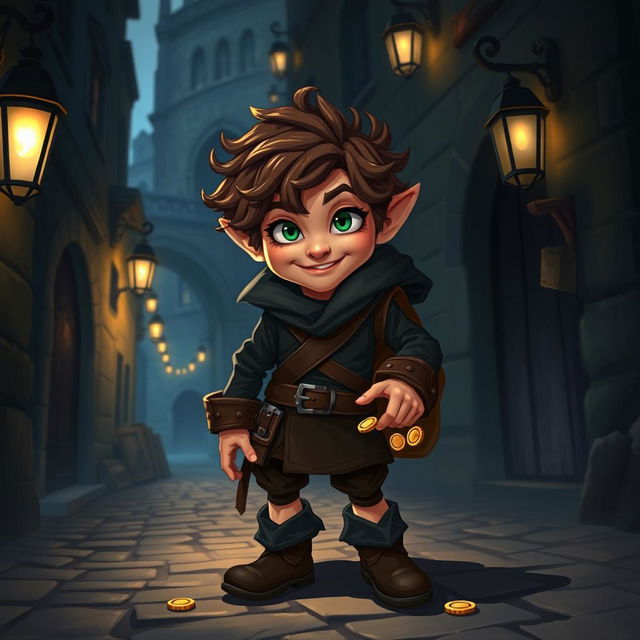 A vivid illustration of a halfling thief, standing in a dramatic pose in a shadowy alley