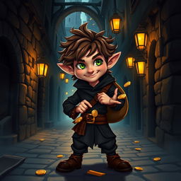 A vivid illustration of a halfling thief, standing in a dramatic pose in a shadowy alley