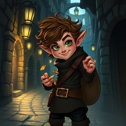 A vivid illustration of a halfling thief, standing in a dramatic pose in a shadowy alley
