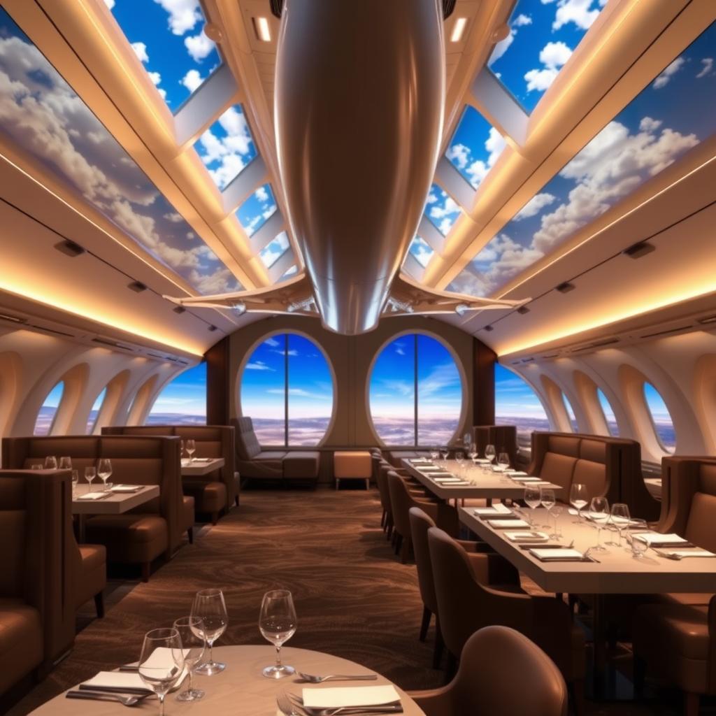 Um restaurante temático sofisticado e luxuoso chamado ‘Skyline Hangar 88’, projetado para simular a experiência de um interior de Boeing A380