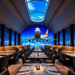 Um restaurante temático sofisticado e luxuoso chamado ‘Skyline Hangar 88’, projetado para simular a experiência de um interior de Boeing A380