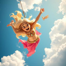 A sexy blonde 3D toon woman in a vibrant belly dancer outfit, gracefully falling from the sky with a scared expression on her face