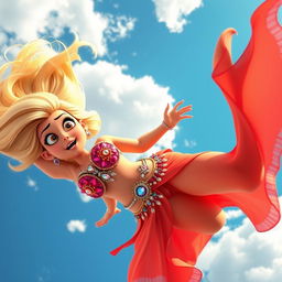 A sexy blonde 3D toon woman in a vibrant belly dancer outfit, gracefully falling from the sky with a scared expression on her face