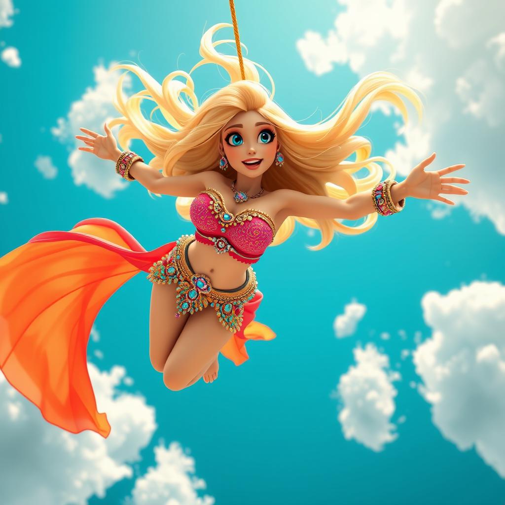 A sexy blonde 3D toon woman in a vibrant belly dancer outfit, gracefully falling from the sky with a scared expression on her face